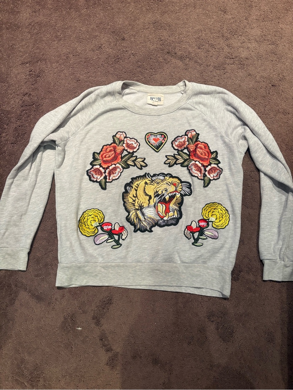 Girls Light Gray Embroidered Tiger Crewneck Sweatshirt